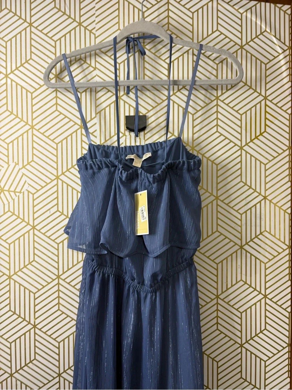 Michael Kors Slate Blue Metallic-Striped Maxi strapless Dress XS